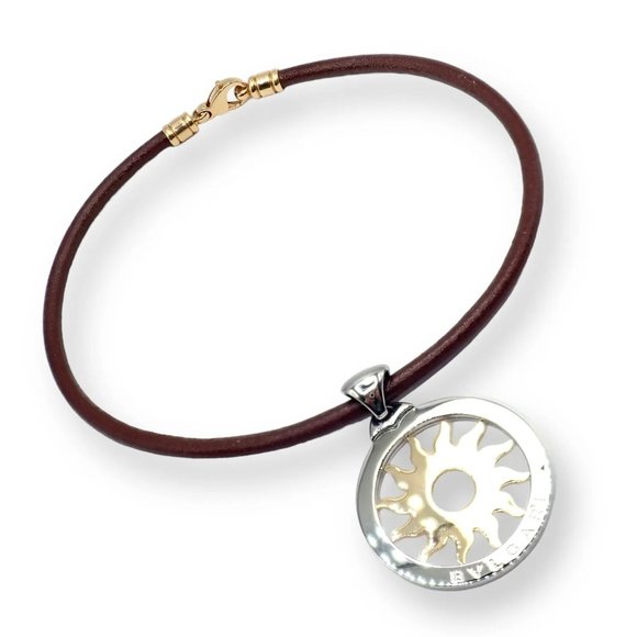 Authentic! Bulgari Tondo Sun 18k Gold Steel Extra Large Pendant Leather Necklace - Picture 3 of 10